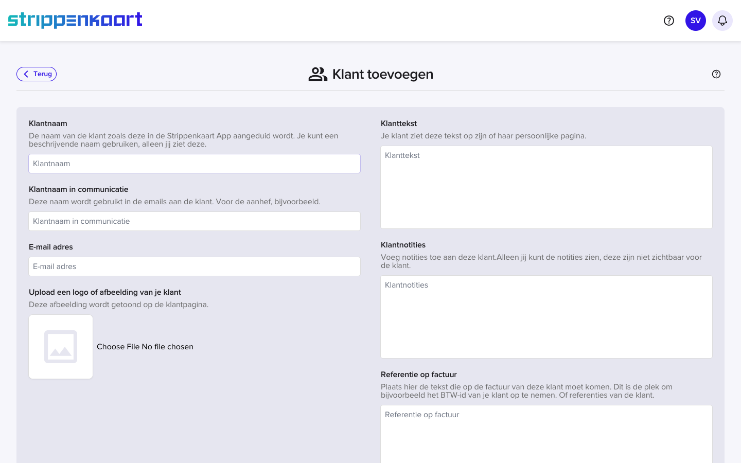 Het formulier om een nieuwe klant toe te voegen