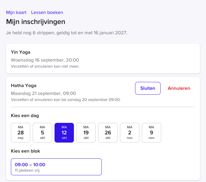 Mijn inschrijvingen met de keuze van een dag en een blok om naartoe te verzetten